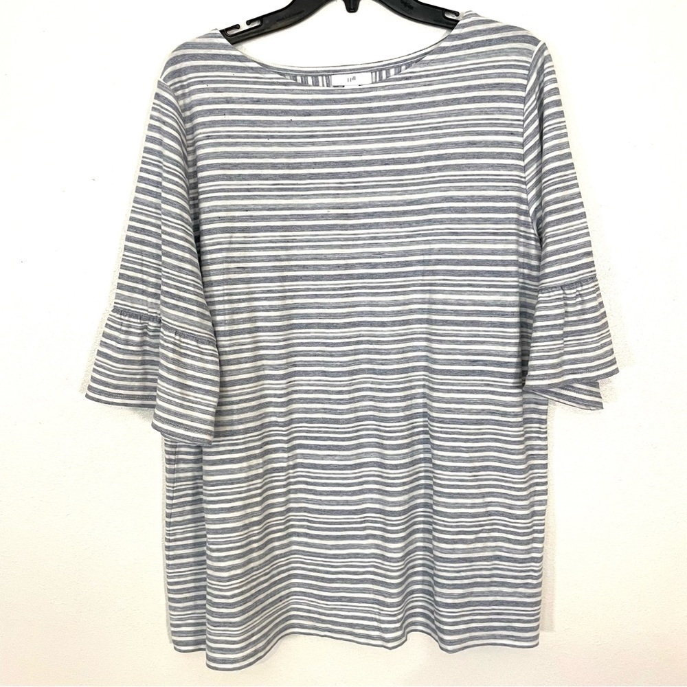 J Jill Flounced Sleeve Embellished Pleated Back Womens Top Blue White Size L